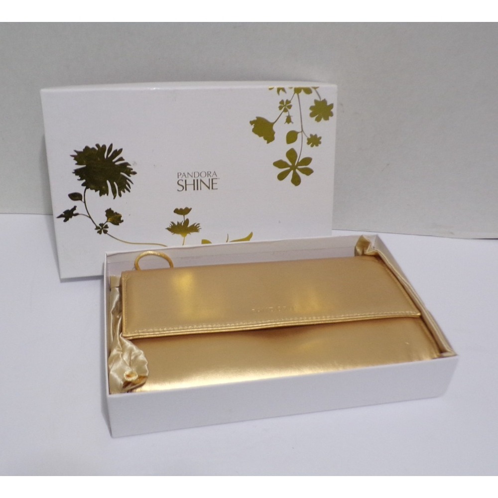 Pandora Limited Edition Logo Shine Gold Textured Metallic Flap Clutch Bag Brand